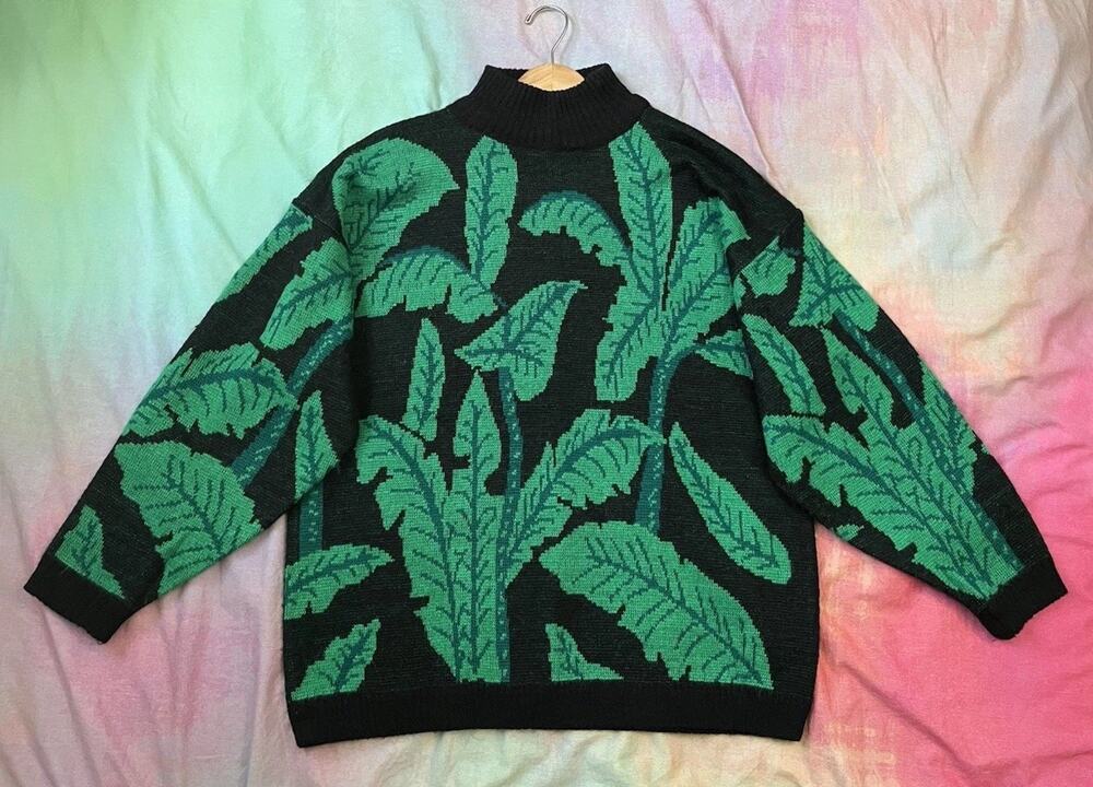 Vintage 80s 90s Grail Esprit Sport Tropical Leaf Sweater Mockneck Sz M Fairy Kei